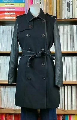 New Laura Clement Womens UK 10 Wool Jacket Trench Coat Real Leather Sleeves • £75