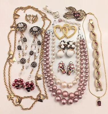 Vintage Jewelry Lot Clip Earrings Necklace Sarah Coventry Coro Pink Rhinestone • $52