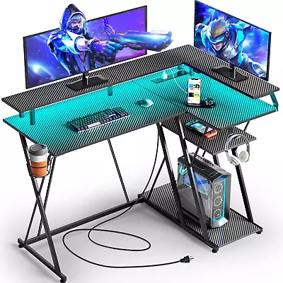 L Shaped Gaming Desk With LED Lights & Power Outlets 43” Reversible Corner Desk • $161.99