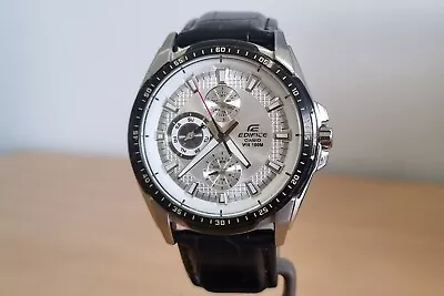 Casio Edifice SS Silver Dial With Day Date 24hr Black Leather Strap Mens Watch • $9.79