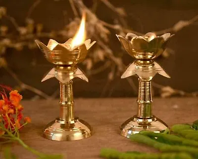 Set Of 2 Pure Brass Diya For Puja Temaple Decoration Lotus Shape Pillar Diya • $23.76