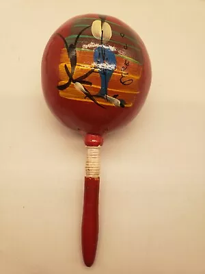 Vintage Hand Painted Mexican Gourd Shiny Red Maraca 9.5  Primitive Music • $12