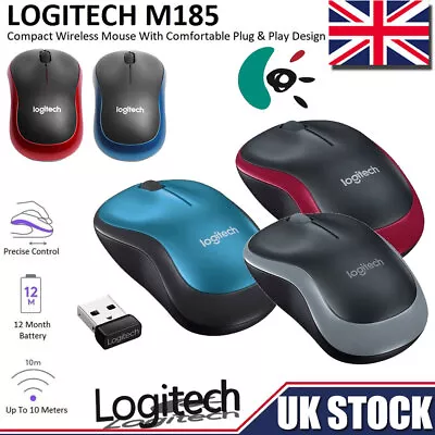 Logitech M185 Wireless Optical Mouse + USB Receiver Fit Compact PC Laptop Mouse • £4.79