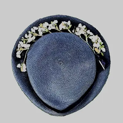 Antique Navy Blue Ladies Hat Narrow Brim Millinery White Lily Of The Valley Veil • $17.99