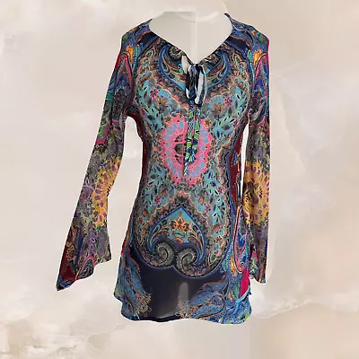 MUSHKA Blue Paisley Sheer Floral Top Long Flare Sleeve Lettuce Hem Y2K Mesh S • $25