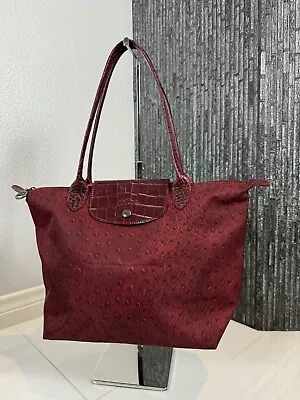 Authentic Longchamp Le Pliage Art To Wear Red Ostrich & Croc Print Tote Bag • $125.99