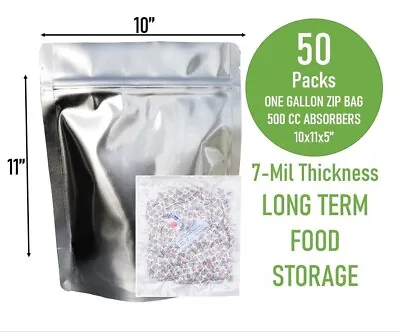 (50PC) 1 Gallon Mylar Bags Stand Up 14Mil Gusset Zip Seal+500CC Oxygen Absorbers • $36.99