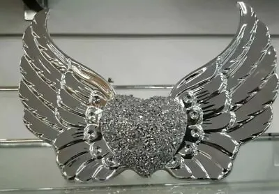 £16.99 • Buy Xl Silver Crushed Diamond Sparkly Angel Wings Heart Ornament Bling Gift✨