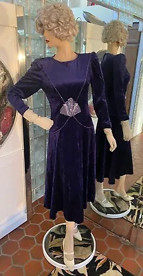 VTG 90s Ricki Lang Nuit Purple Velvety Midi Evening Dress Beaded Art Deco Size S • $44.99