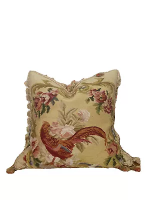 21  French Aubusson Pheasant Tapestry Panel Vintage Pillow Fringe Passementerie • $250