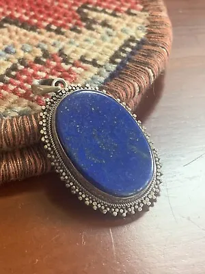 Vintage Ornate Lapis Lazuli Sterling Silver Pendant 925 Lapis Oval Pendant • $59