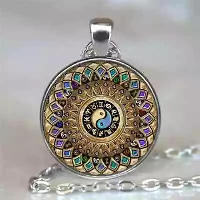 Mandala Zodiac Sign Cabochon Silvery Glass Chain Pendant Necklace • $8.95