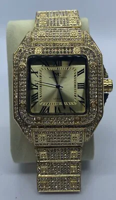 Montres Carlo Men's 54mm Gold Tone Band Watch With Stones Luxury Rapper Hip Hop • $7.98