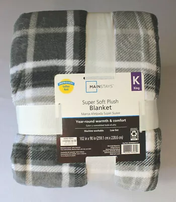 Mainstays King 102  X 90  Plush Super Soft Warm Bed/Throw Blanket Gray Plaid NEW • $48