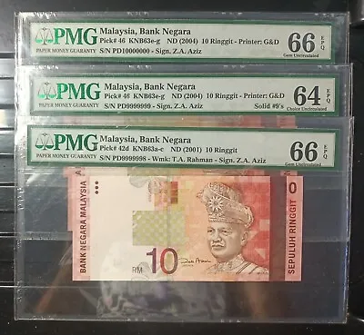 Malaysia Banknote Rm10 2004 Pmg 64&66epq Solid Running Pd9999998~10000000. • $4000