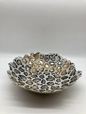 Vietri Safari Leopard Animal Print Glass 9” Bowl Dish Made/Turkey ~ Gold Silver • $35