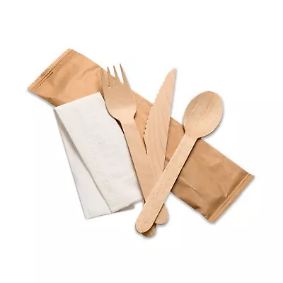 Individually Wrapped Eco-friendly Wooden Cutlery Set (Fork Knife Spoon+Napkin) • £4.99