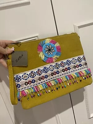 Spanish Mustard Faux Suede Beaded Clutch Bag With Zip Strap &handle. Perf Cond • £11.65