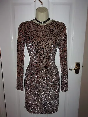 RIVER ISLAND BROWN ANIMAL PRINT VELVET CUT OUT BACK BODYCON PARTY DRESS S12 BNWT • £3.99