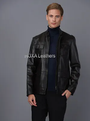 Men Flap Button Pocket Genuine Lambskin Real Leather Jacket Black Zip Coat • $131.12