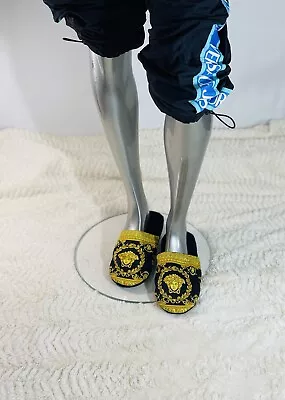 VERSACE MEDUSA BAROCCO-PRINT Bath Slippers Black And Gold Size  Large • $125