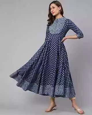 Indian Women Blue Cotton Printed Flared Kurta Kurti Top Tunic New Long Dress • $40.69