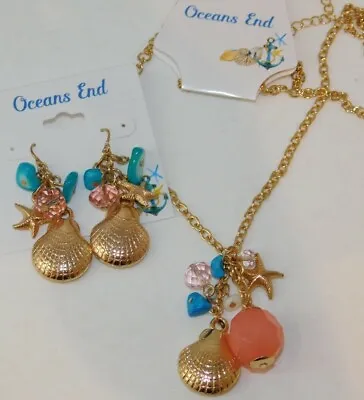 NWT Nautical Seahorse Shell Charm Gold  Necklace Dangle Earrings Set K4 • $22.49