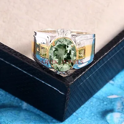Natural Green Amethyst & Peridot Gemstone 925 Sterling Silver Men's Ring #5788 • £78.35