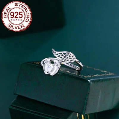 Adjustable Angel Wing Ring Sterling Silver 925 CZ Heart Footprint Mommy Of Angel • $8.62