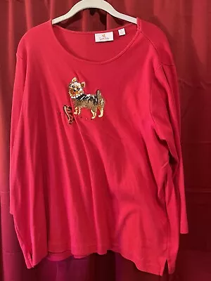 Women's Quacker Factory Pull Over 3/4 Red Embroidered Yorkie Dog Size XL • $12.99