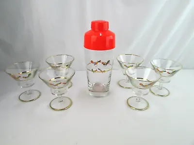 Vintage Cocktail Martini Shaker W/ Red Top Fighting Roosters Set Of 6 Glasses • $66.47