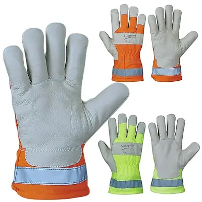 Fleece Lined Hi Viz Leather Work Safety Gardening Builder Lorry Driver Gloves • £2.89