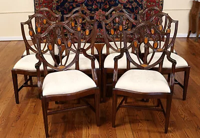 Set Of 10 Mahogany Satinwood Inlaid Baltimore Federal Style Dining Chairs • $3950