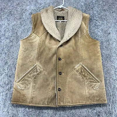 VINTAGE Genuine Leather Vest Mens 40 Beige Sherpa Lined Button Down 90s • $15.98