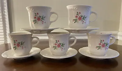 $25 • Buy Pfaltzgraff “Meadow Lane” Set Of 5 Cups & Saucers- Pink Floral Blue Butterfly