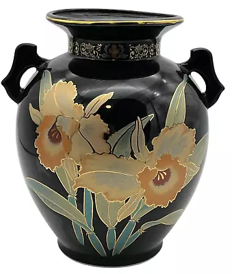 Shaddy Vase Ceramic Black Handled Gold Rimmed Handpainted Orchids Japan • $15.99