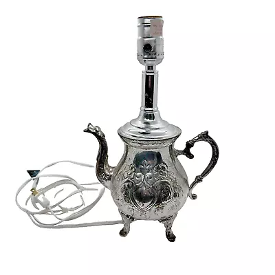 Vintage Silver Plate Teapot Lamp 3-Way Switch Footed Heavy Quirky Victorian • $39.98