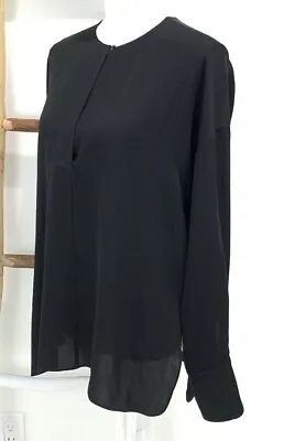 Vince Black Silk Blouse Size 8 Long Sleeve Single Button Front Covered Placket  • $98