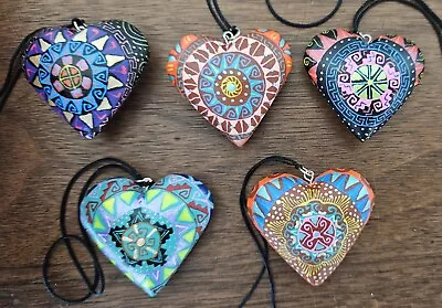 5 Wooden Heart Ornaments Christmas Handpainted Holiday Multicolor Set Oaxaca • $24