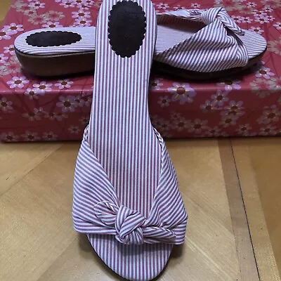 J Crew Women Red/White Stripe Fabric Wood Casual Wedge Italy Sandals Size 10 • $22.99