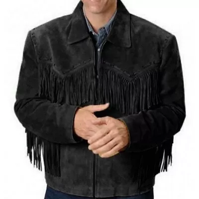 Men Native American Western Cowboy Leather Jacket Fringe Suede Jacket • $58.99