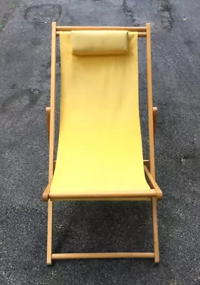 Vintage Beach Sling Chair Wood & Canvas Deck  Pool Adjustable Chair - Retro • $59.99