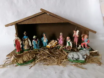Vintage COMPOSITION NATIVITY SET W/ 4.25  Figures - In Mold ITALY Mark • $34.99