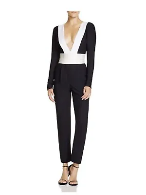 $129 • Buy NEW - RACHEL ZOE Vinny Deep-V Black W/White Trim Tuxedo Jumpsuit, Size 2 - NWT