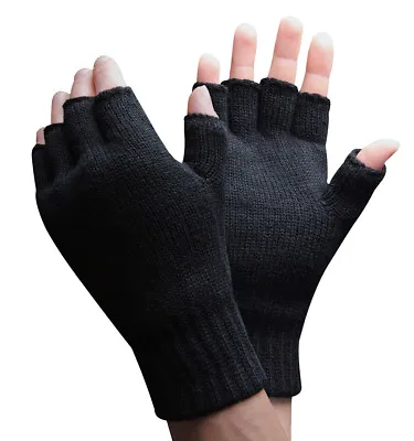 Mens 3M Thinsulate 40 Gram Thermal Insulated Winter Knit Black Fingerless Gloves • $13.99