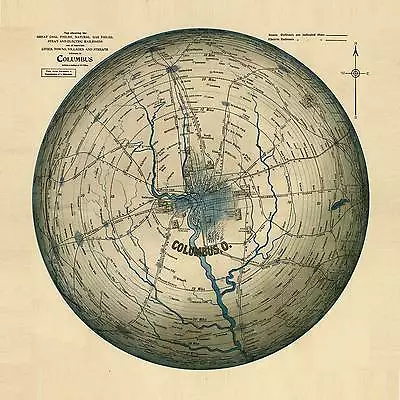Columbus Ohio 70 Mile Radius 1902 Round Map Fine Art Print On Paper Or Canvas  • $35.48