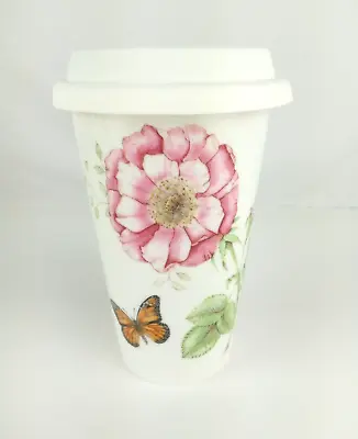 Lenox Butterfly Meadow Ceramic Thermal Travel Mug 10 Oz With Silicone White Lid • £11.40