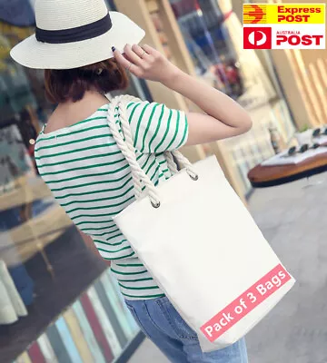Rope Handle Canvas Tote Beach Shopping Bag -Large Strong Durable Reusable -3Pack • $28.20