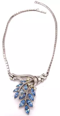 Vintage Trifari Crown Blue Rhinestone Necklace Silver Tone 14 1/4  Length • $41.30