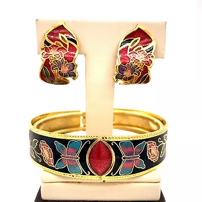 VTG Estate Cloisonne Clamper Butterfly Bracelet W/ Clip Back Earrings! 128  • $39.99